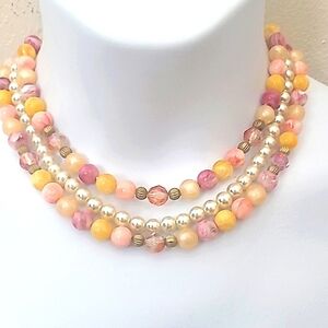 16" Necklace Vintage Big Fancy Clasp Pearlized Crystal Pink Purple Yellow Beads